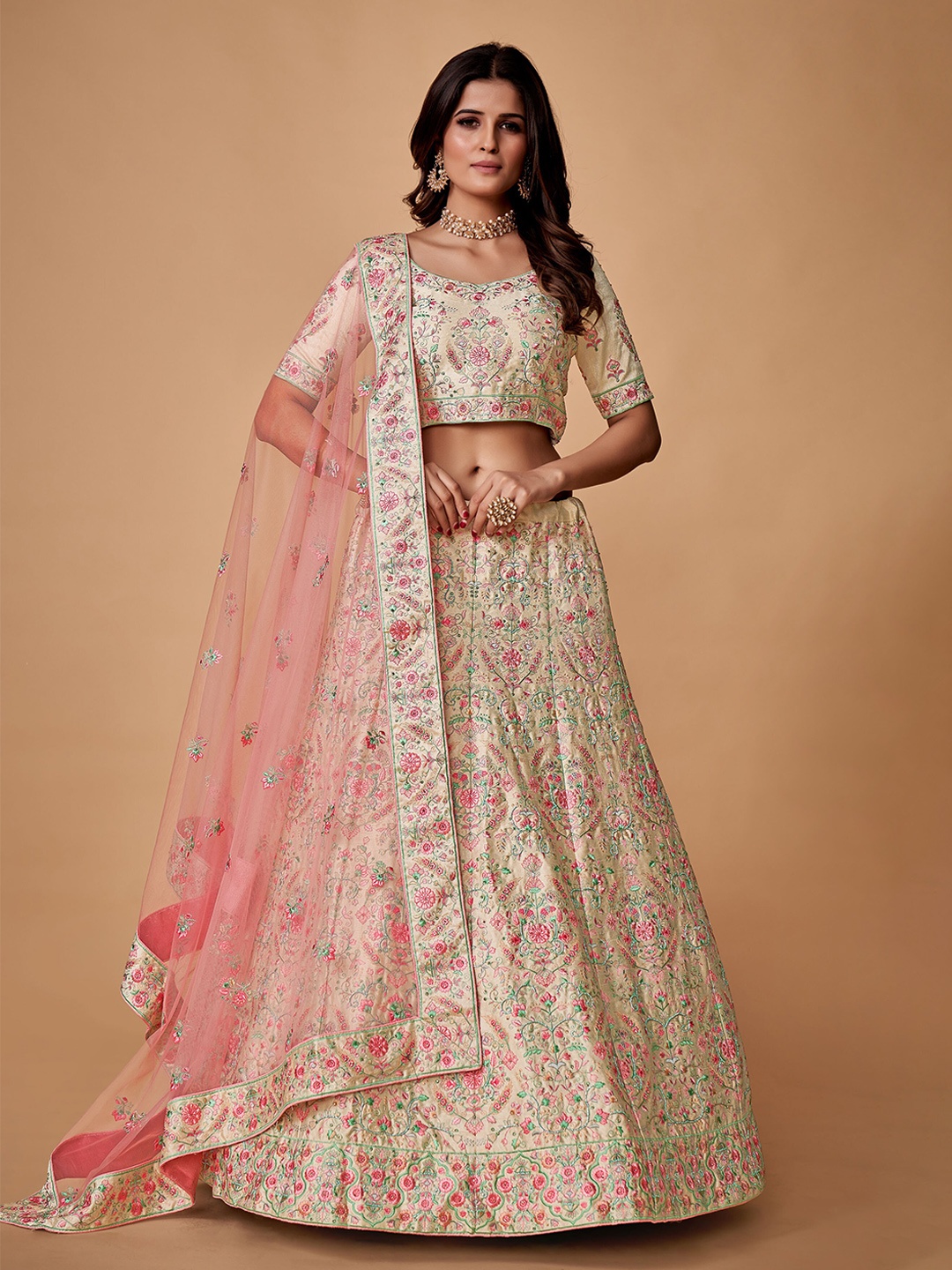 

Fusionic Embroidered Thread Work Semi-Stitched Lehenga & Unstitched Blouse With Dupatta, Cream