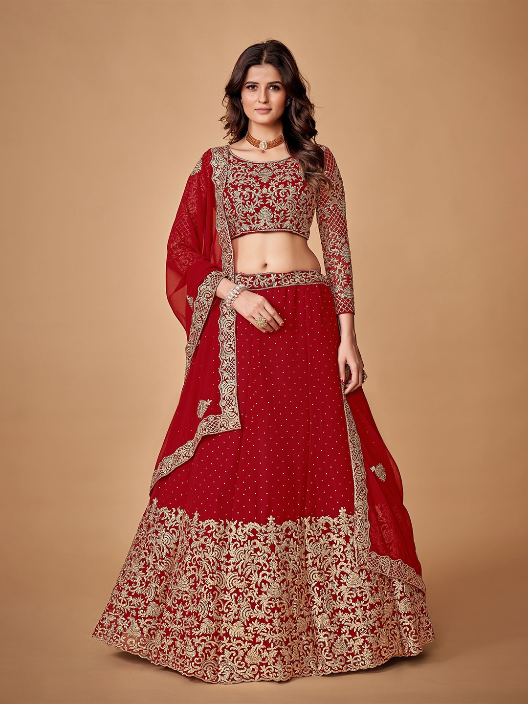 

Fusionic Embroidered Thread Work Semi-Stitched Lehenga Choli With Dupatta, Red
