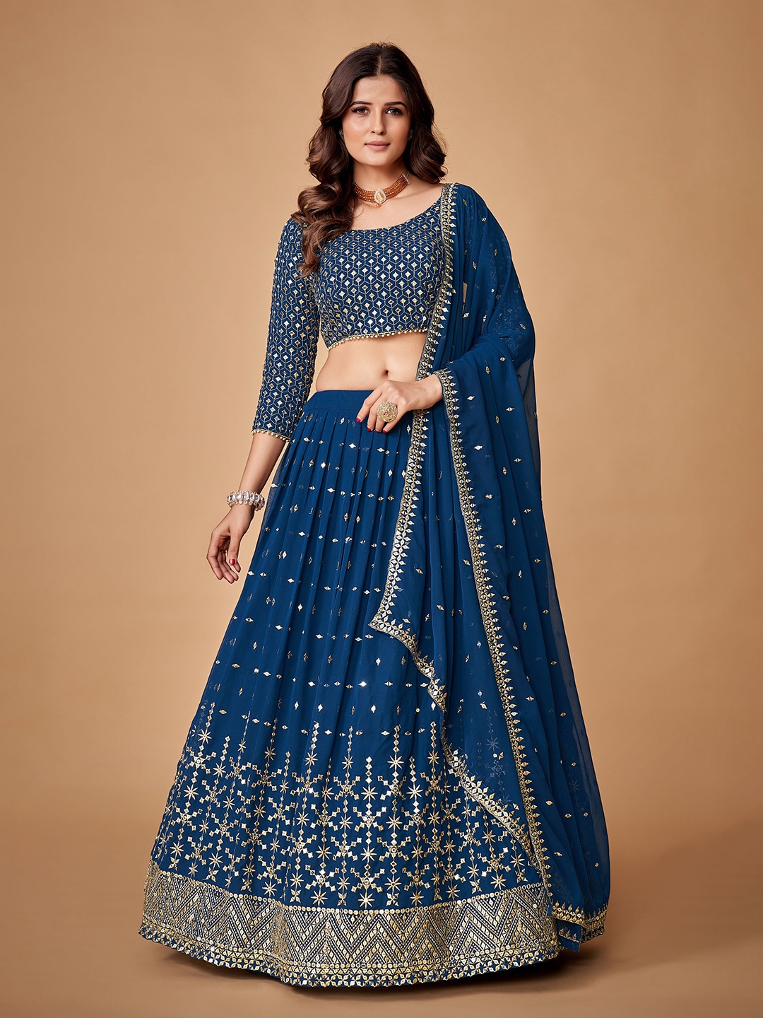 

Fusionic Embroidered Mirror Work Semi-Stitched Lehenga Choli With Dupatta, Teal