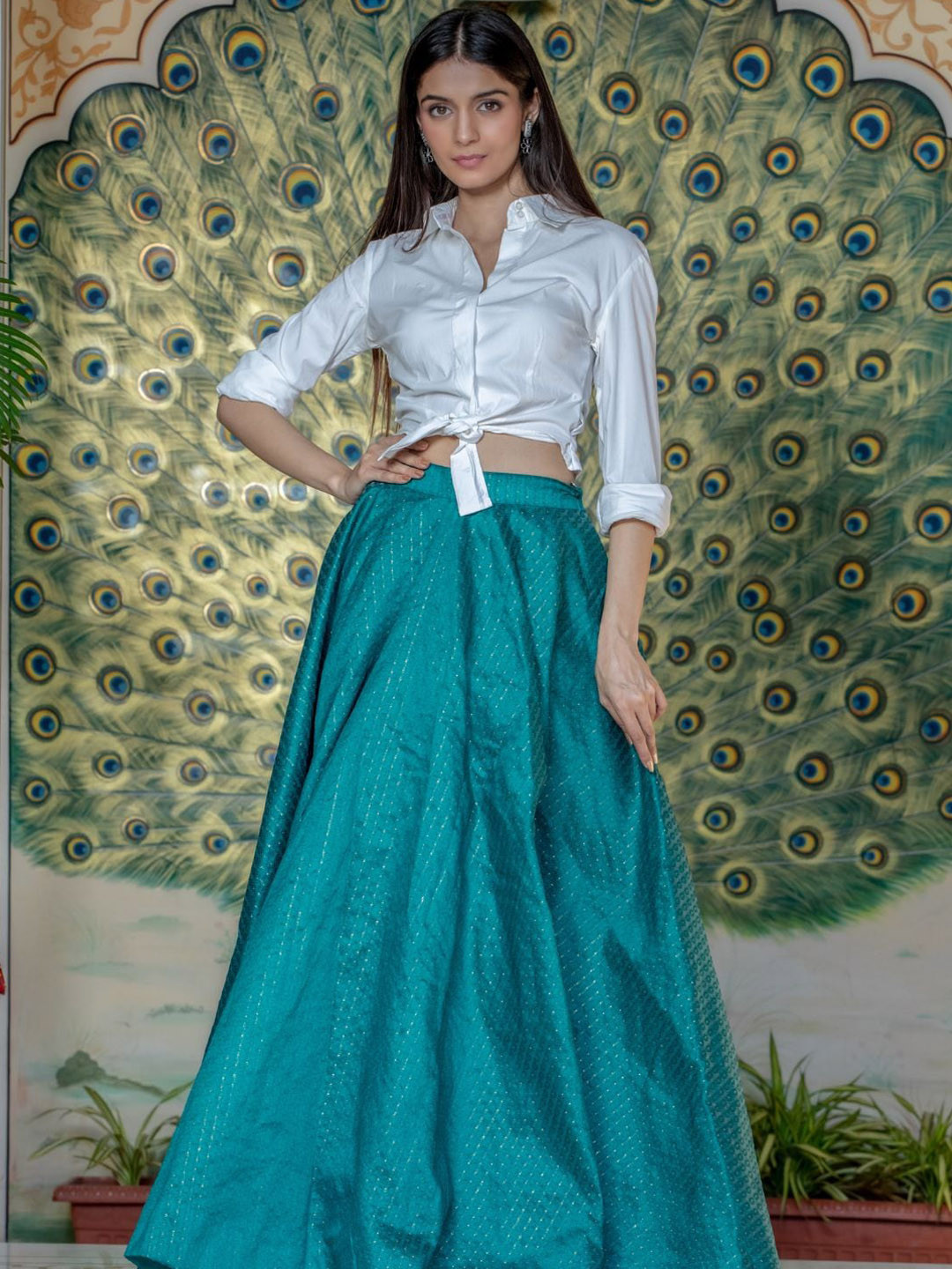 

HOUSE OF JAMOTI Women Shirt With Brocade Skirt Co-Ord Set, Teal