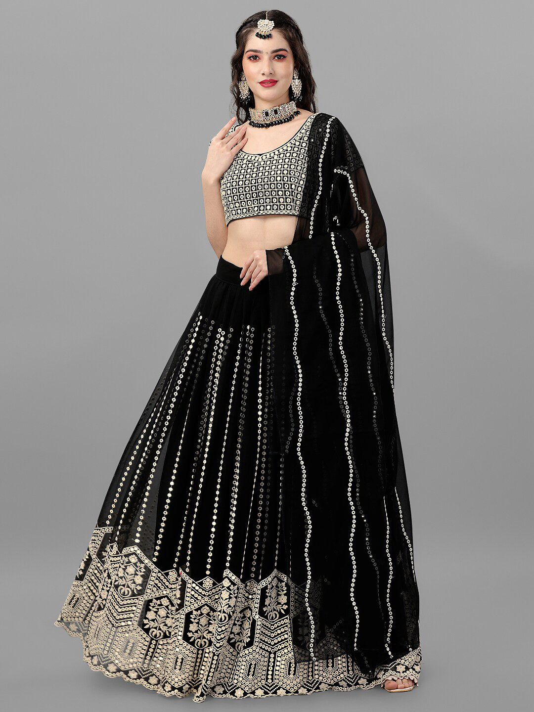 

Angroop Embroidered Mirror Work Semi-Stitched Lehenga & Unstitched Blouse With Dupatta, Black