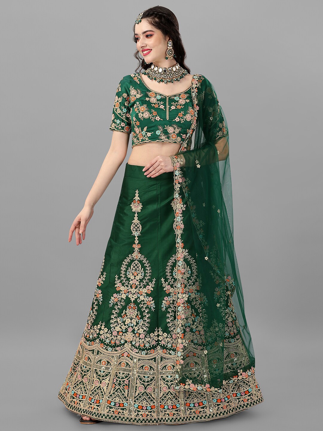 

Angroop Embroidered Thread Work Semi-Stitched Lehenga Set, Green