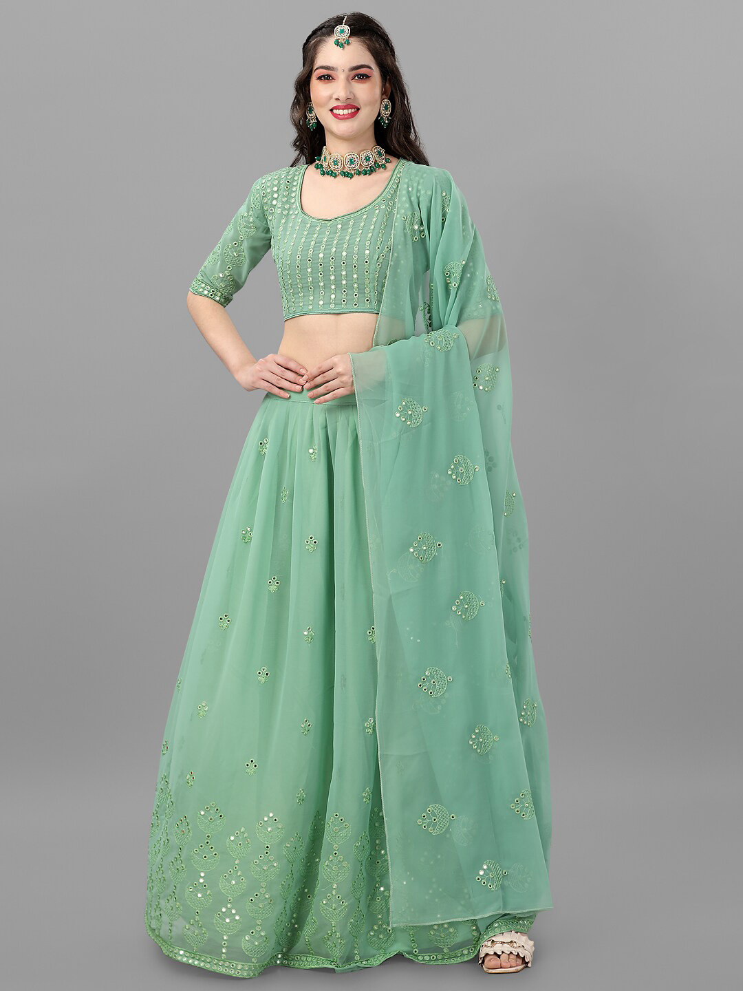 

Angroop Embellished Mirror Work Semi-Stitched Lehenga Set, Sea green