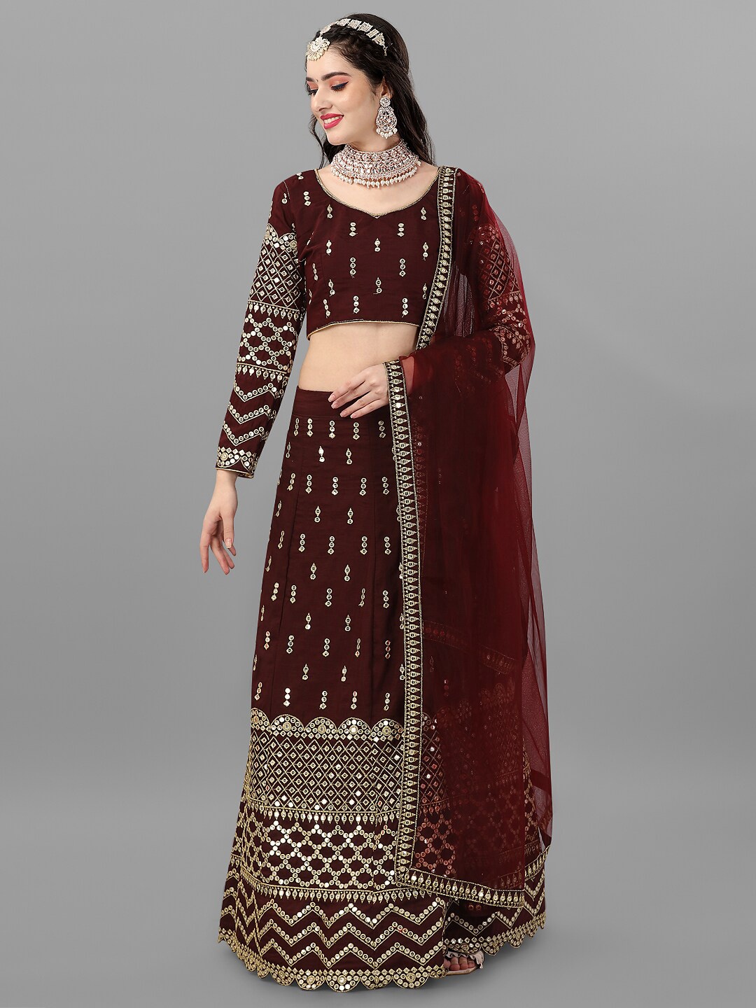 

Angroop Embroidered Sequinned Semi-Stitched Lehenga Set, Maroon