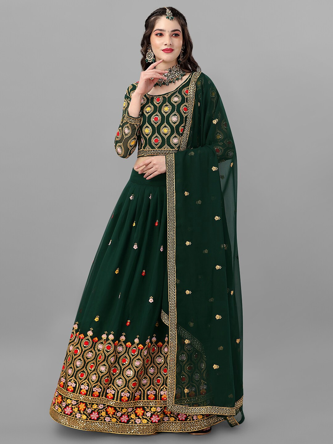 

Angroop Embroidered Thread Work Semi-Stitched Lehenga Set, Green