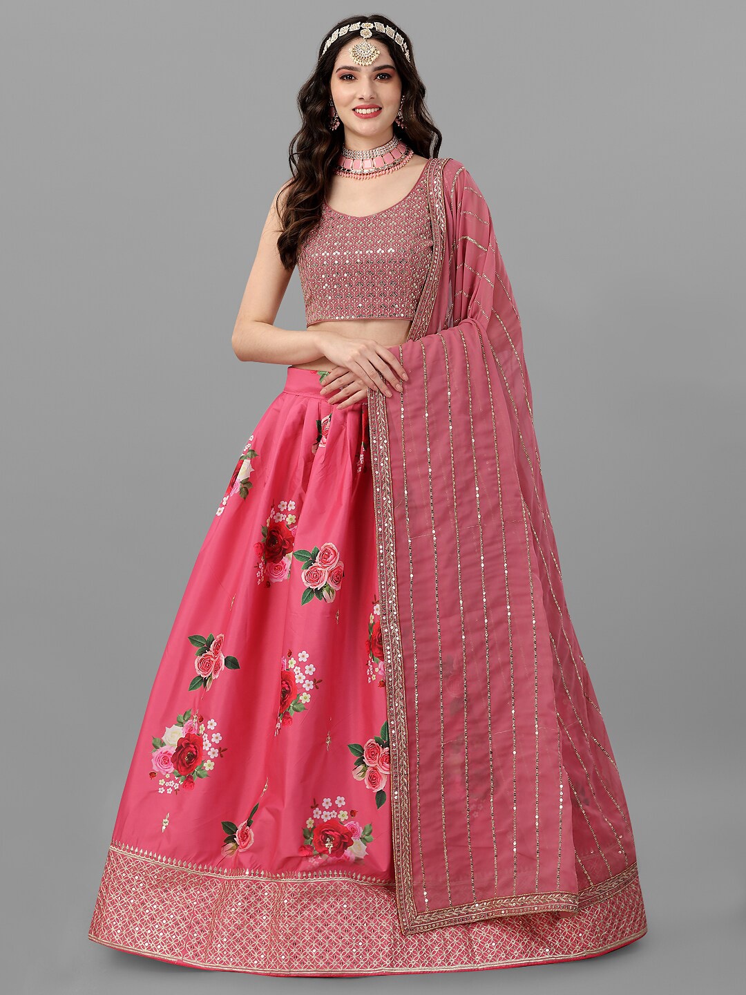 

Angroop Embellished Thread Work Semi-Stitched Lehenga Set, Pink