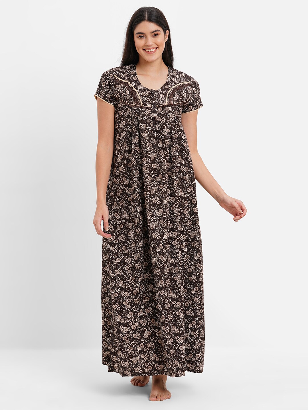 

SDL by Sweet Dreams Women Floral Printed Maxi Nightdress, Brown