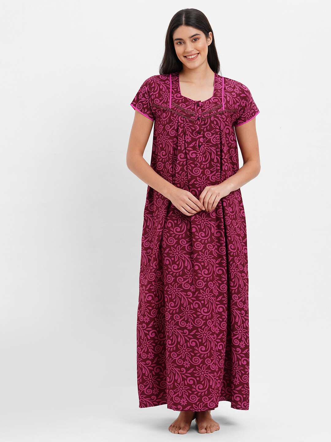 

SDL by Sweet Dreams Women Ethnic Motifs Printed Maxi Nightdress, Maroon