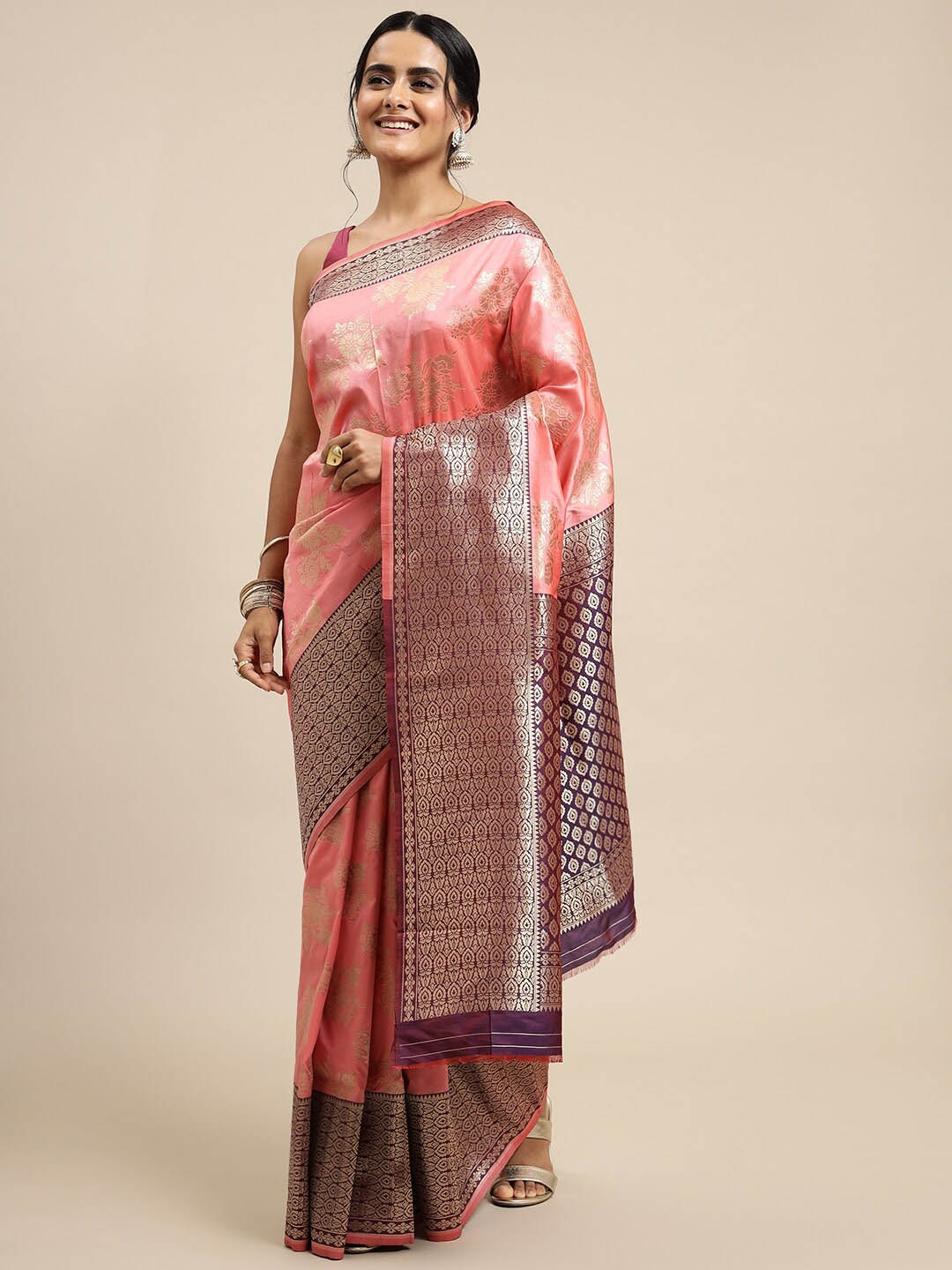 

Royal Rajgharana Saree Woven Design Zari Pure Silk Banarasi Sarees, Peach