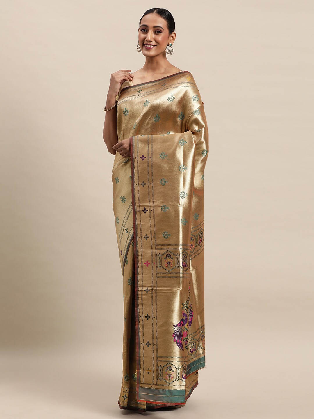 

Royal Rajgharana Saree Floral Zari Pure Silk Paithani Sarees, Teal