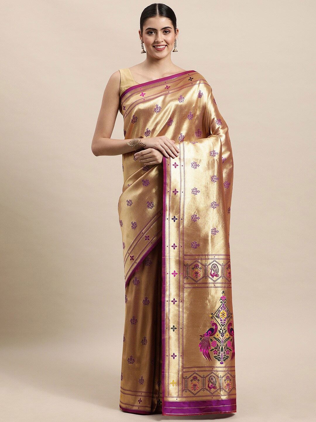 

Royal Rajgharana Saree Floral Woven Design Zari Pure Silk Paithani Sarees, Purple