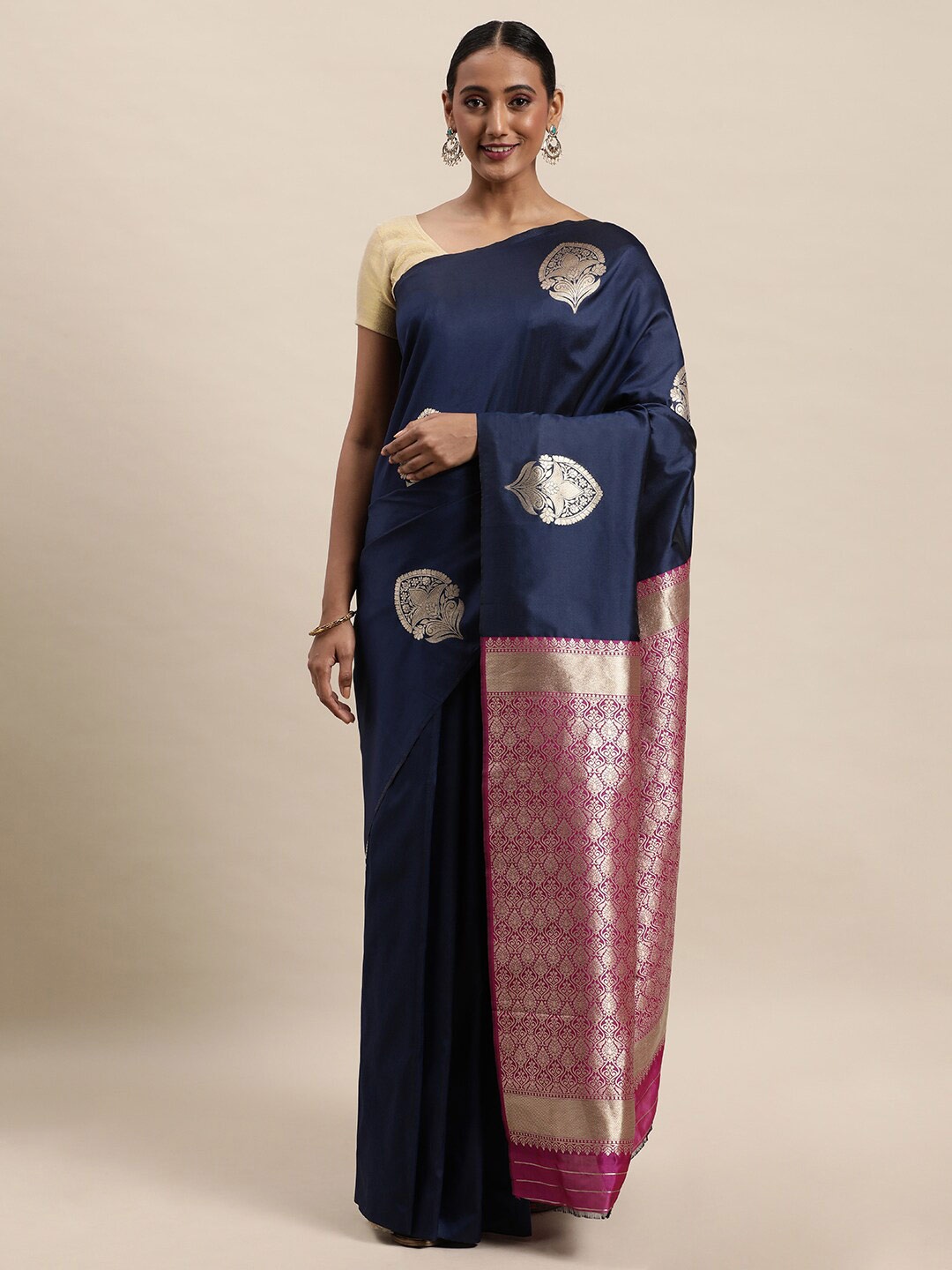 

Royal Rajgharana Saree Floral Woven Design Zari Pure Silk Banarasi Sarees, Navy blue