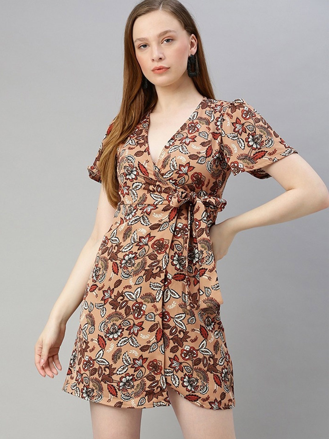 

Sera Floral Printed Tie-Up Neck Dress, Beige