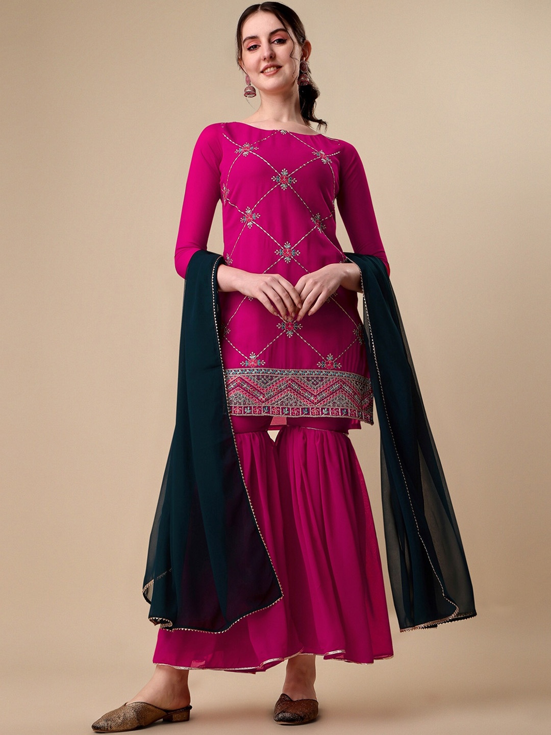 

Vaidehi Fashion Women Ethnic Motif Embroidered Kurta With Sharara & Dupatta, Pink