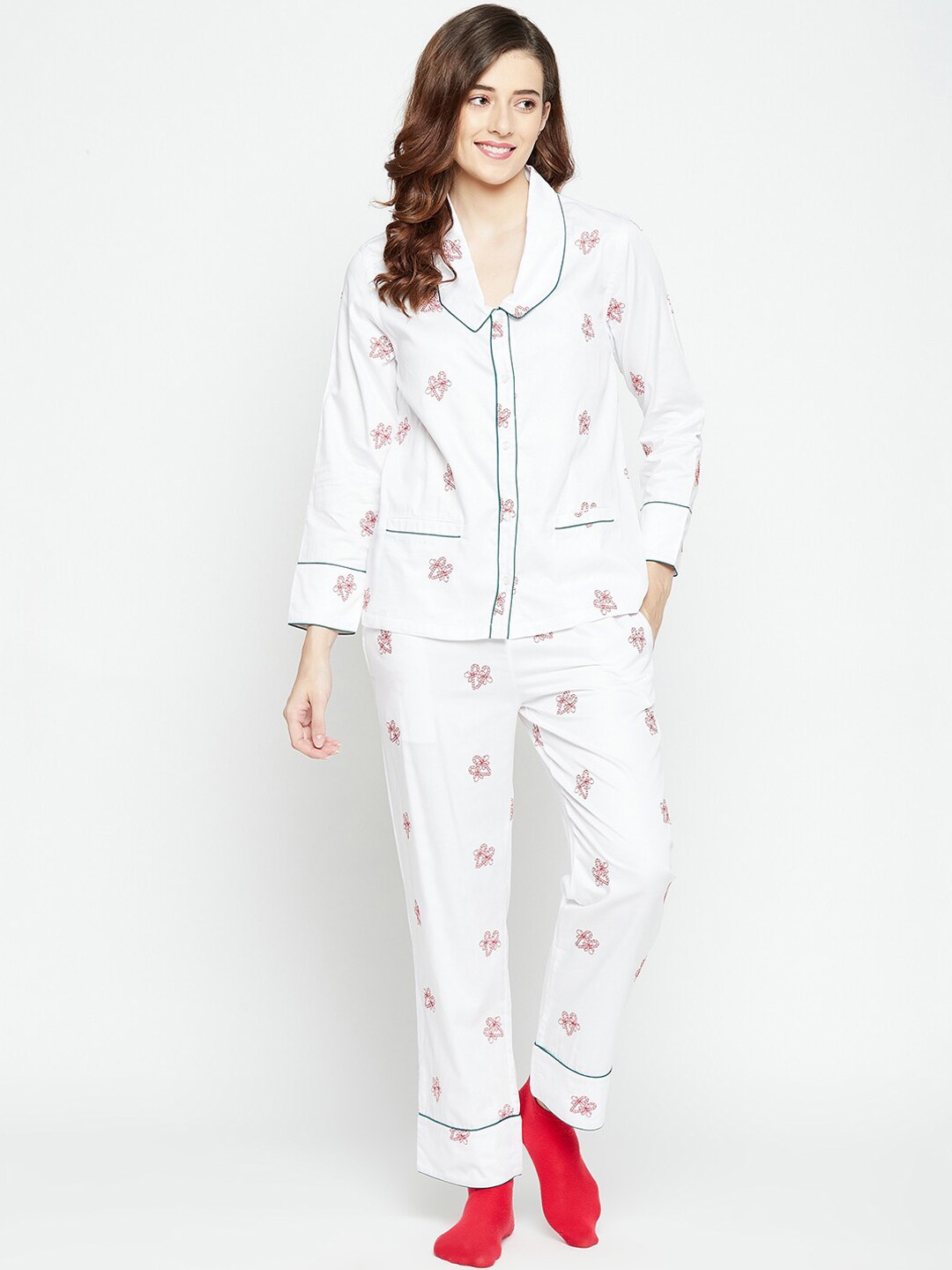 

CHILL WINSTON Women Conversational Printed Pure Cotton Night Suit, White