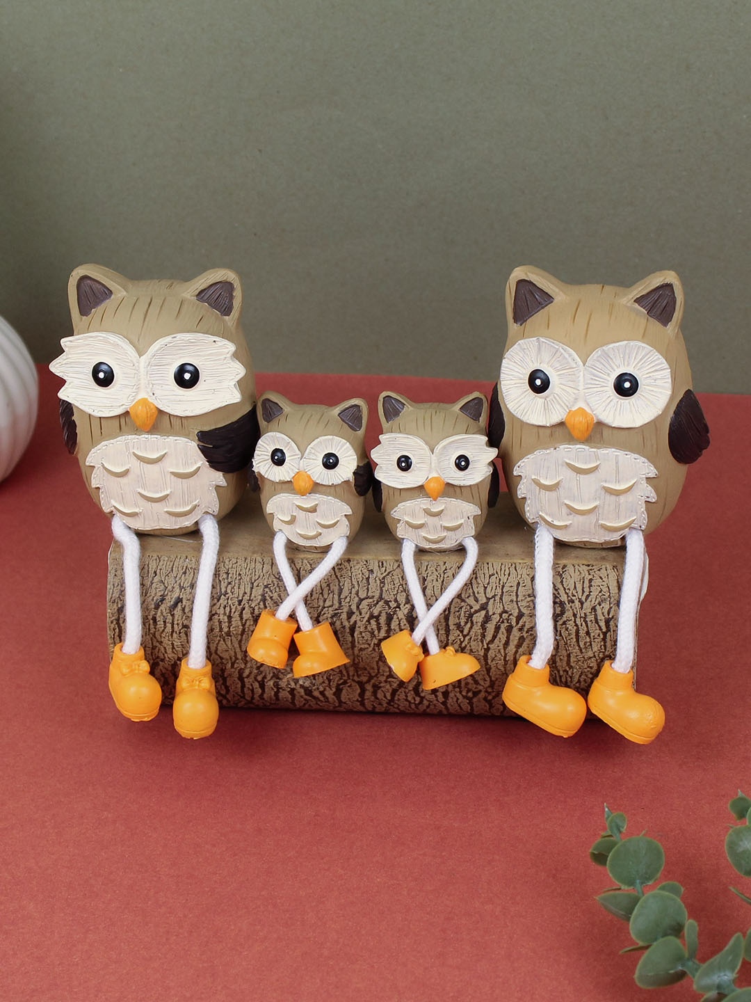 

TIED RIBBONS Brown & Yellow 4 Pcs Long Leg Owl Family Couple Showpieces