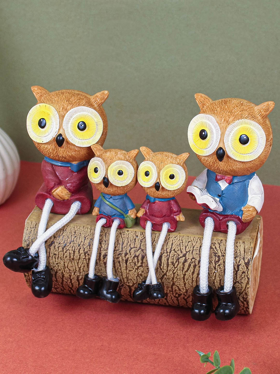 

TIED RIBBONS Brown & Blue 4 Pcs Long Leg Owl Family Couple Statue Showpiece