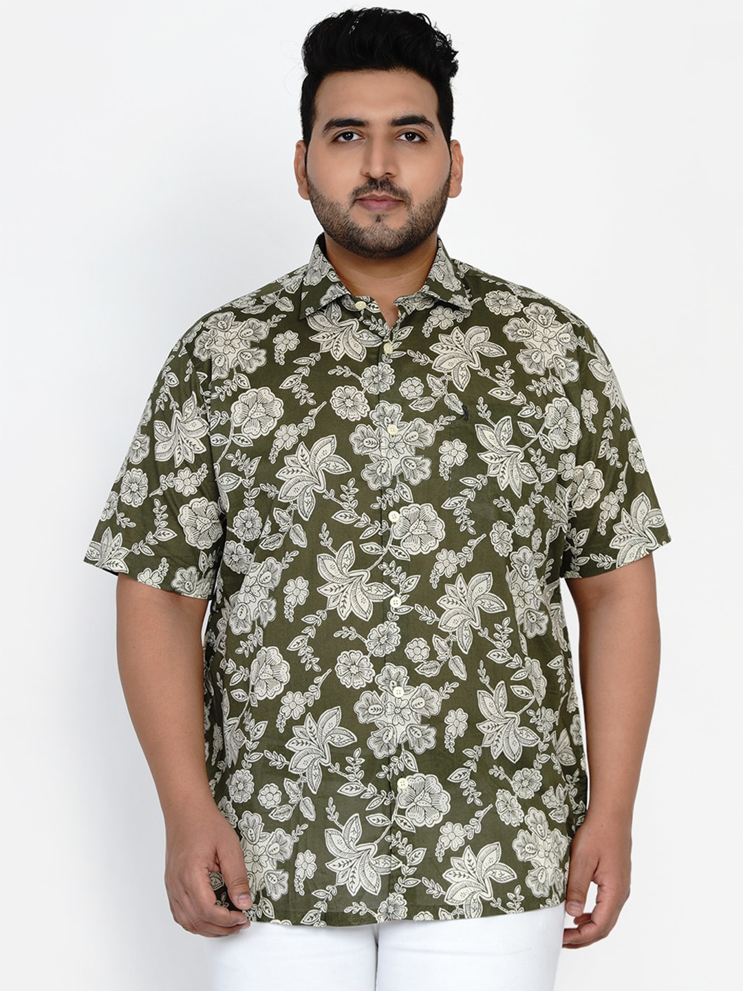 

Santonio Men Plus Size Floral Printed Classic Casual Pure Cotton Shirt, Green