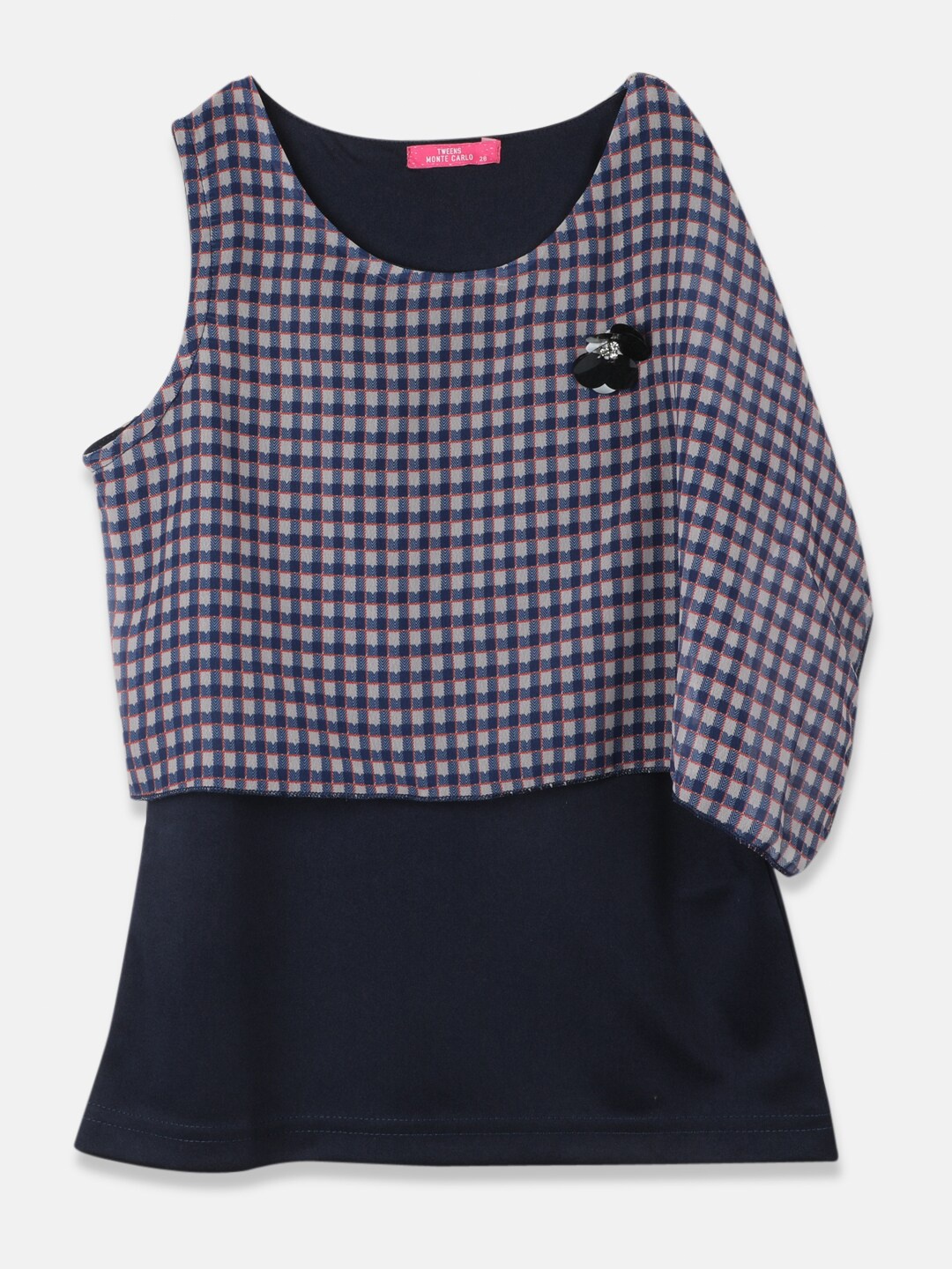 

Monte Carlo Round Neck Checked Top, Navy blue