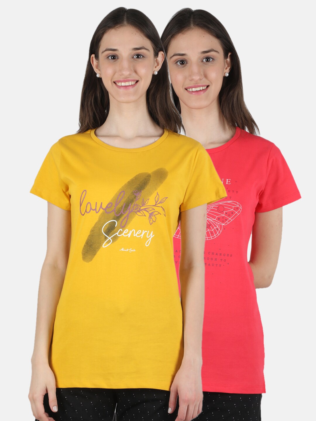 

Monte Carlo Women Pack of 2 Typography Printed Cotton Top, Mustard