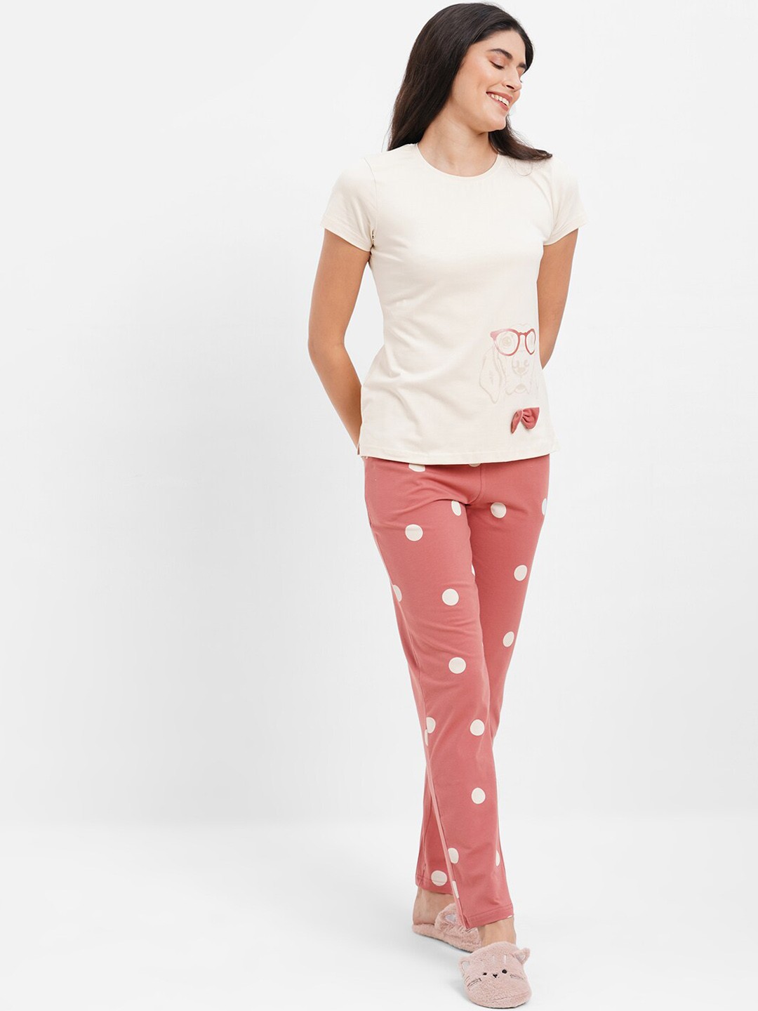

Sweet Dreams Women Polka Dots Printed Night Suit, Beige