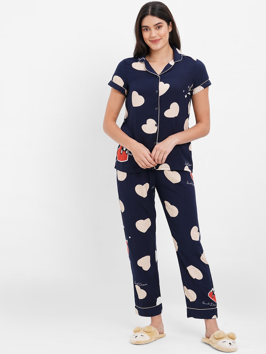 

Sweet Dreams Women Conversational Printed Night Suit, Navy blue