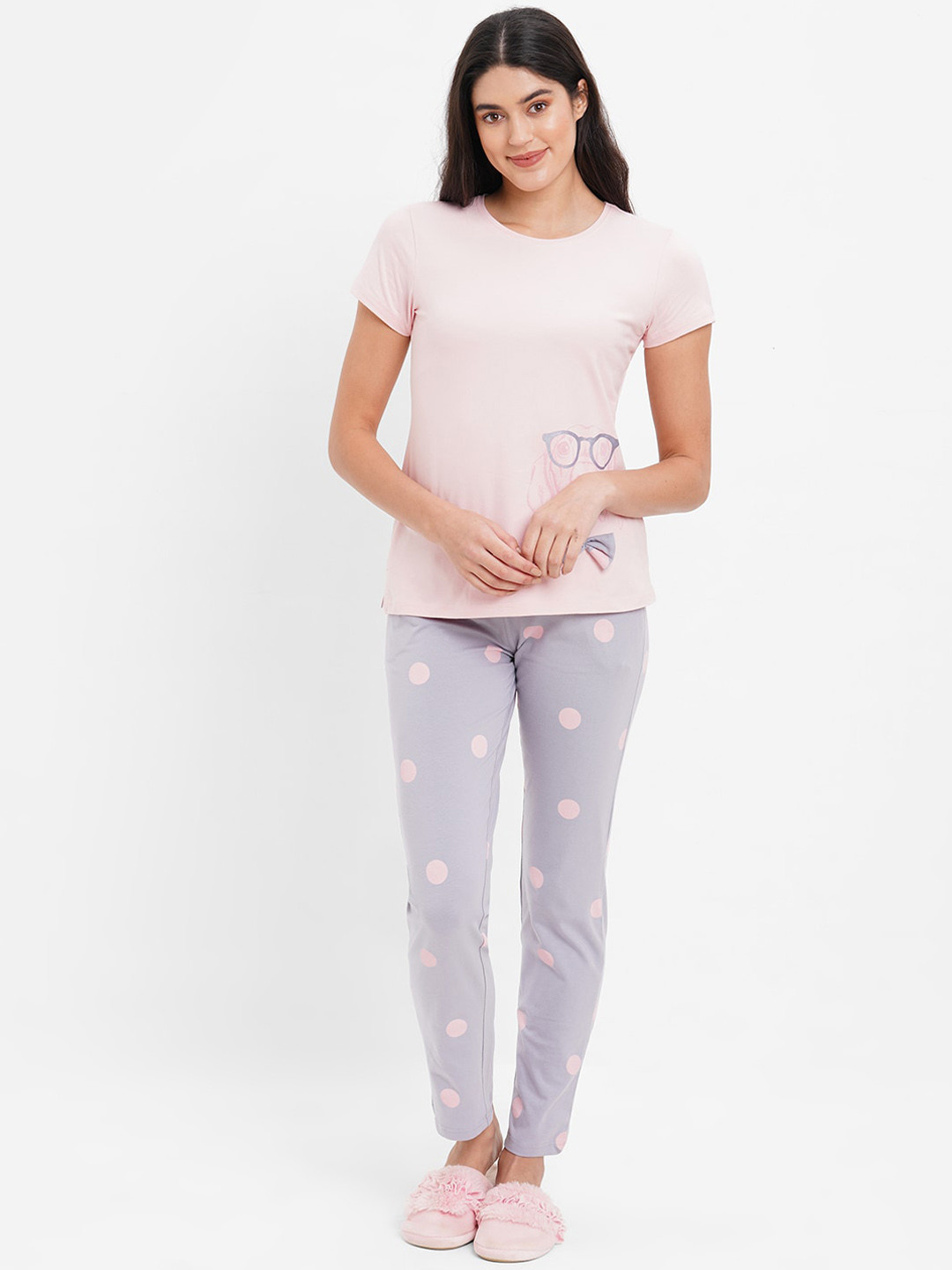 

Sweet Dreams Polka Dots Printed Night suit, Pink