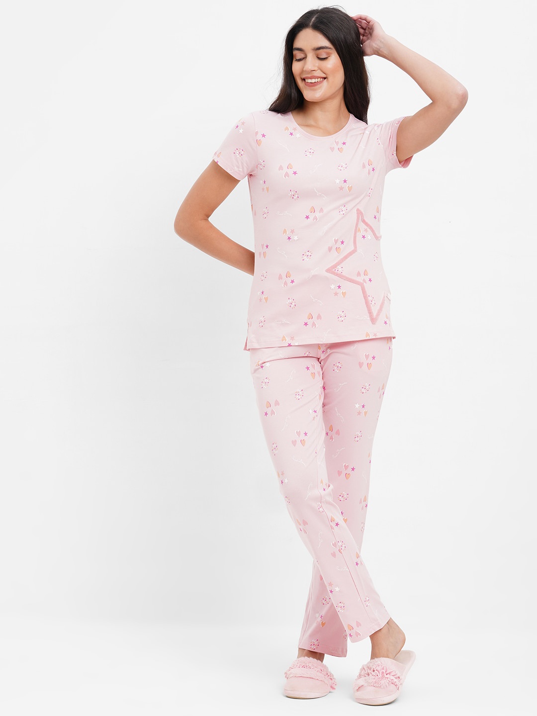 

Sweet Dreams Women Conversational Printed Night Suit, Pink