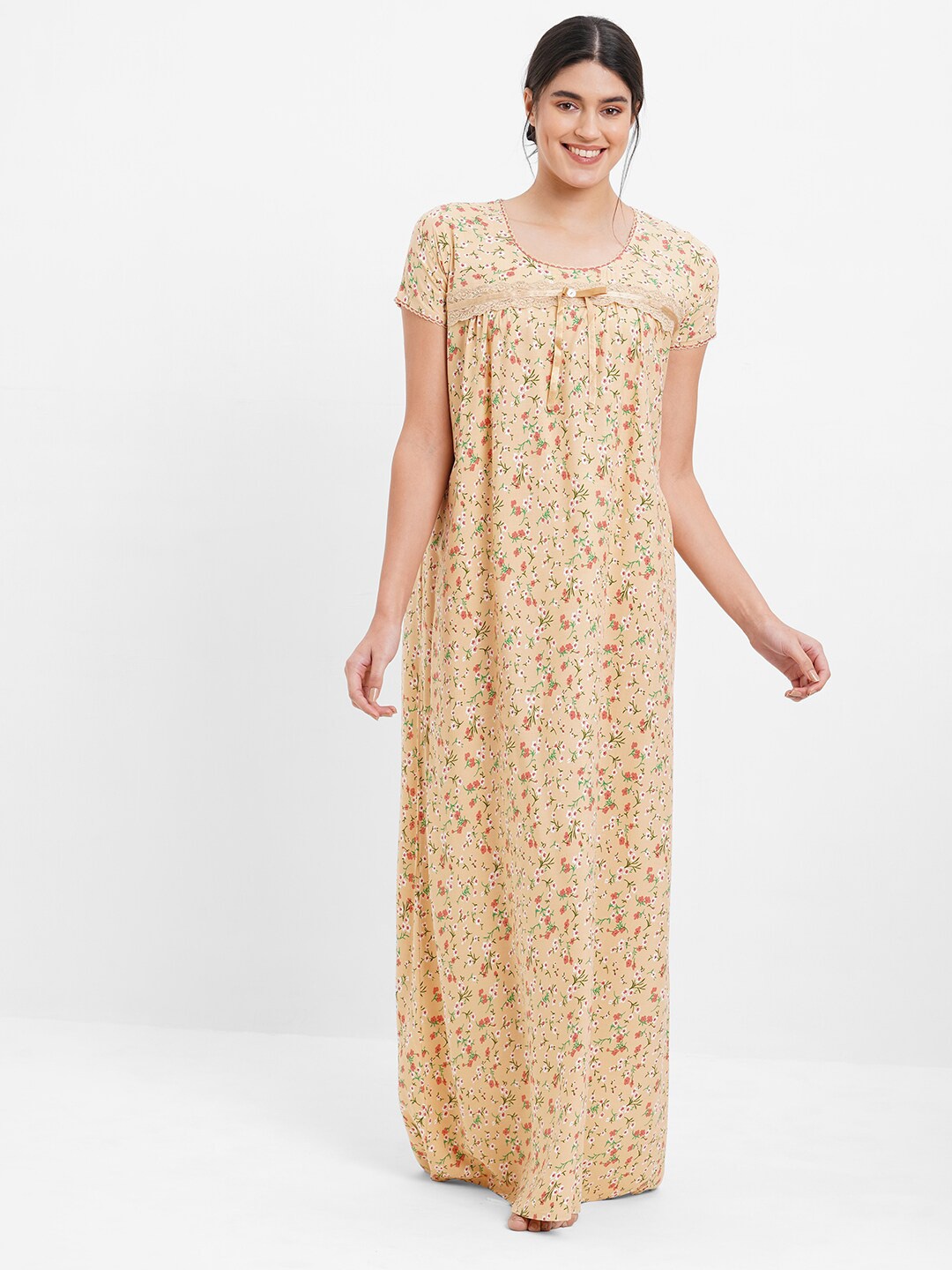 

Sweet Dreams Women Floral Printed Maxi Nightdress, Beige
