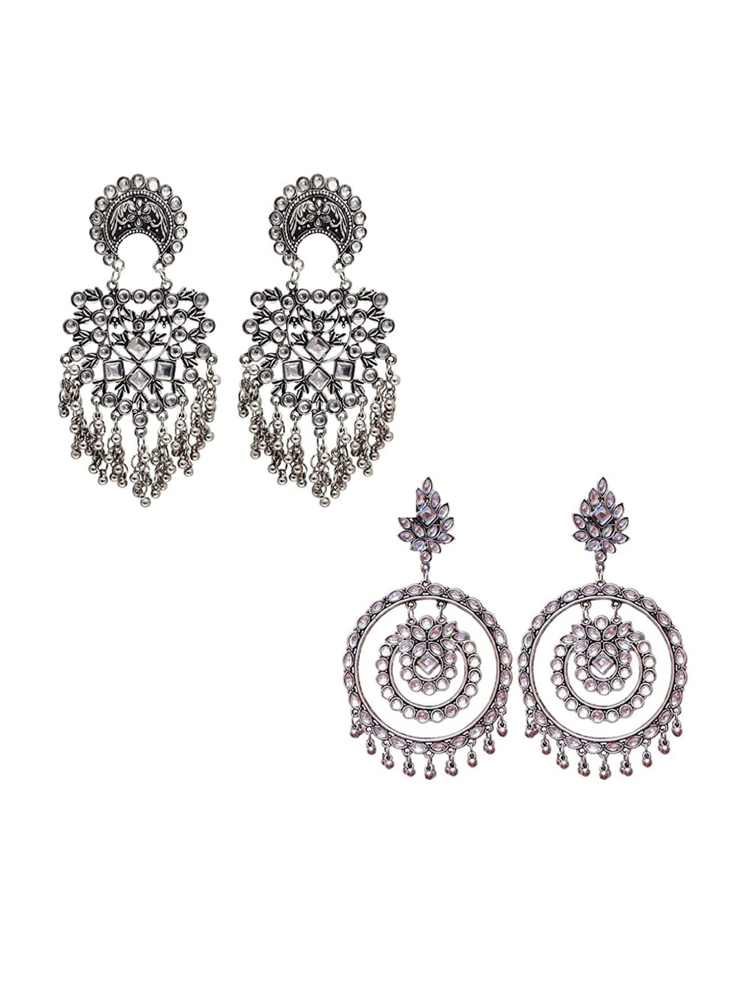 

VAGHBHATT Set Of 2 Silver Plated Stone Studded Contemporary Drop Earrings