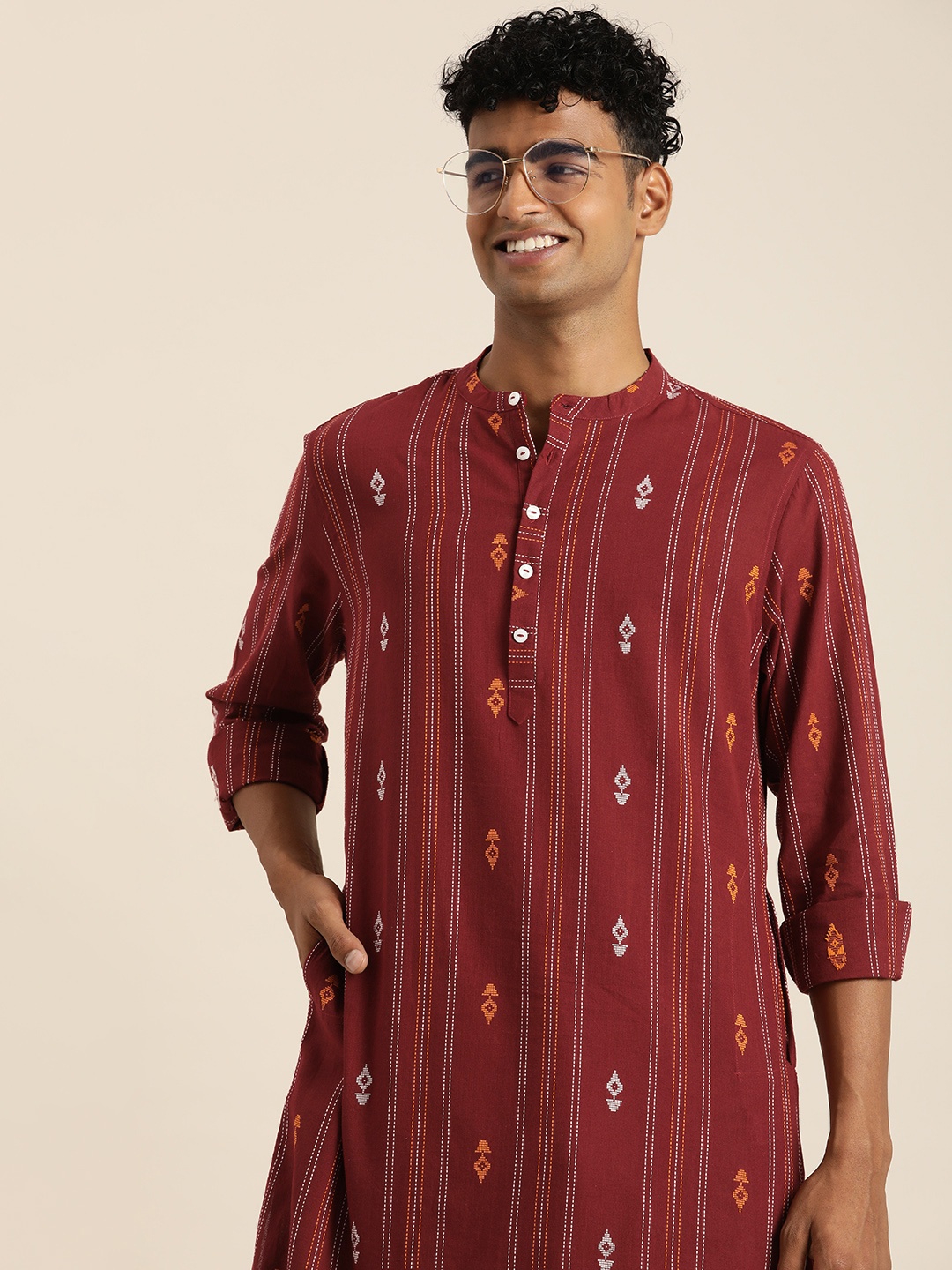 

Taavi Ethnic Motifs Embroidered Woven Legacy Kurta, Maroon