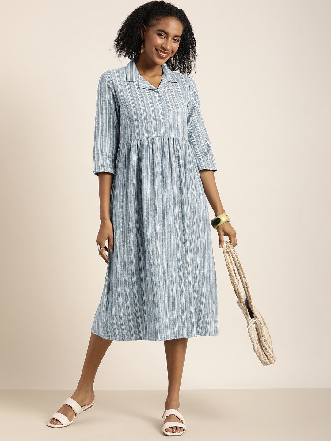 

Taavi Striped Shirt-Collar Woven Legacy A-Line Ethnic Dress, Blue