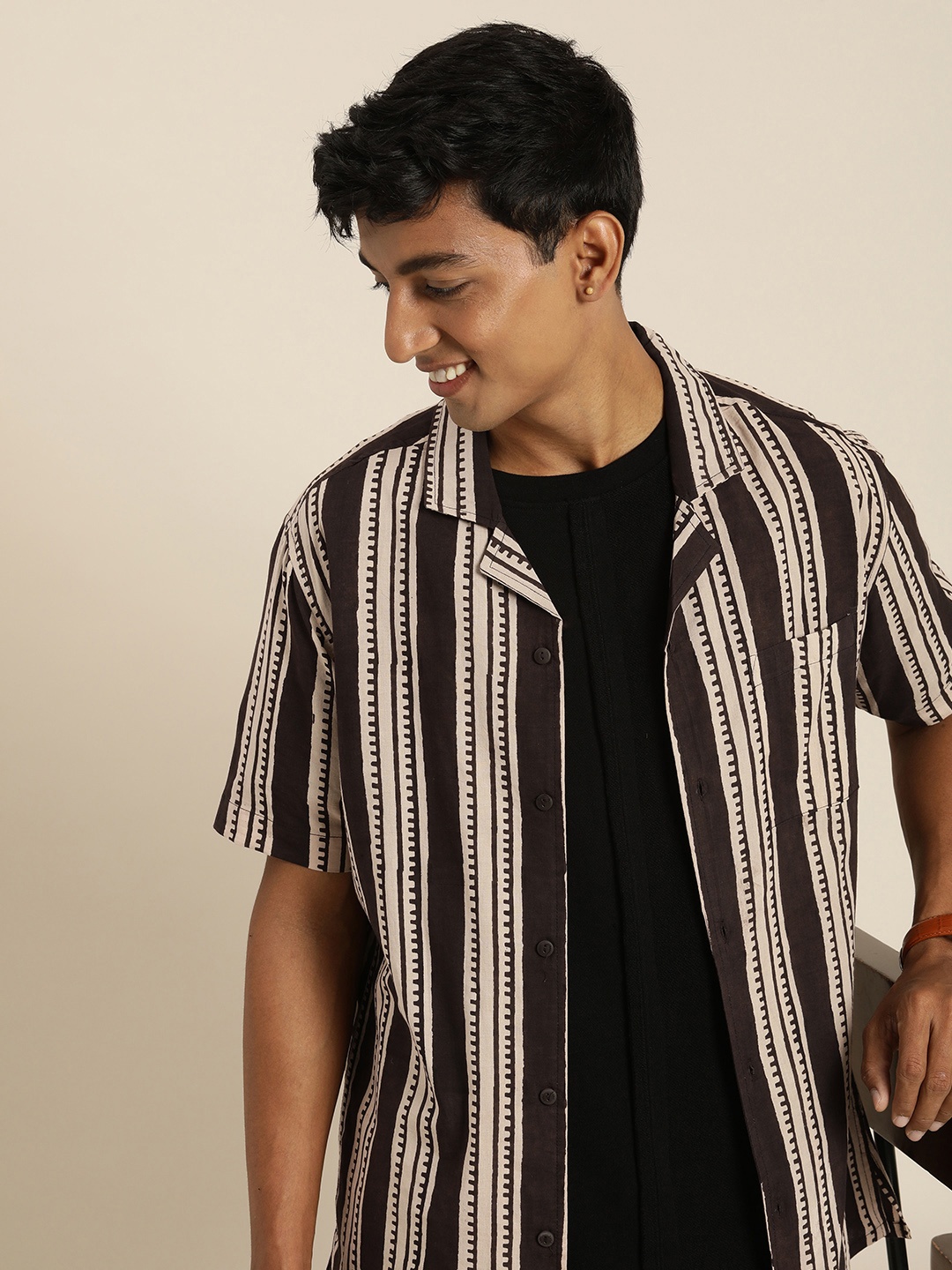 

Taavi Men Bagru Pure Cotton Opaque Striped Casual Shirt, Coffee brown