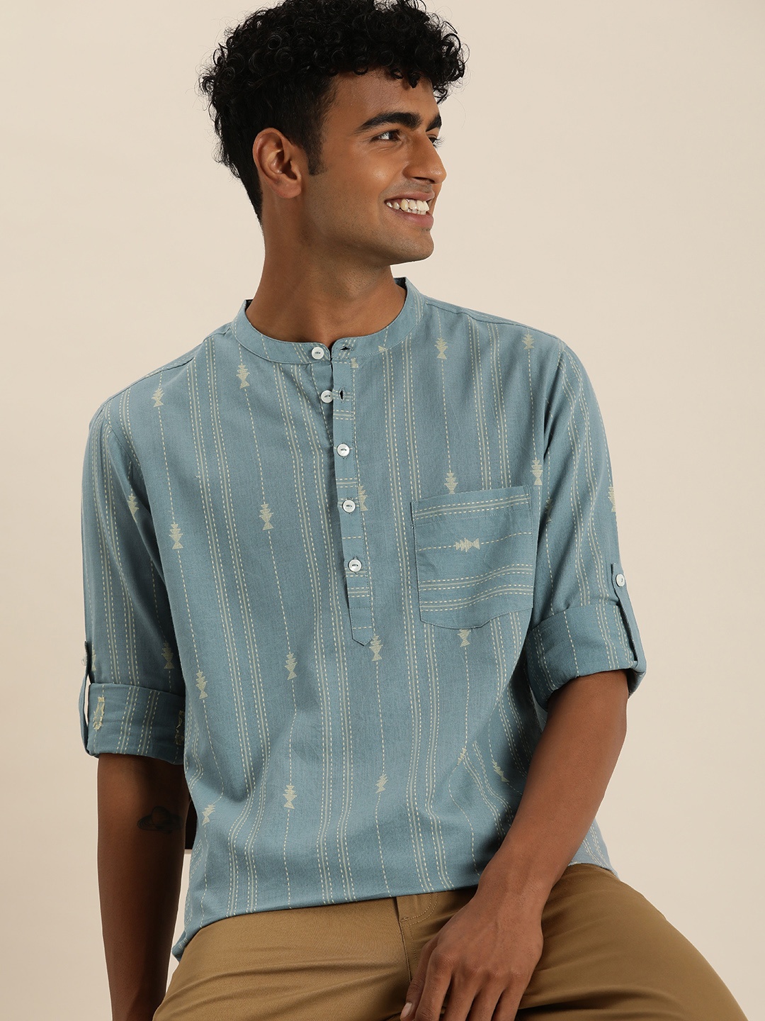 

Taavi Woven Legacy Band Collar Self-Striped Thread Work Pure Cotton Kurta, Blue