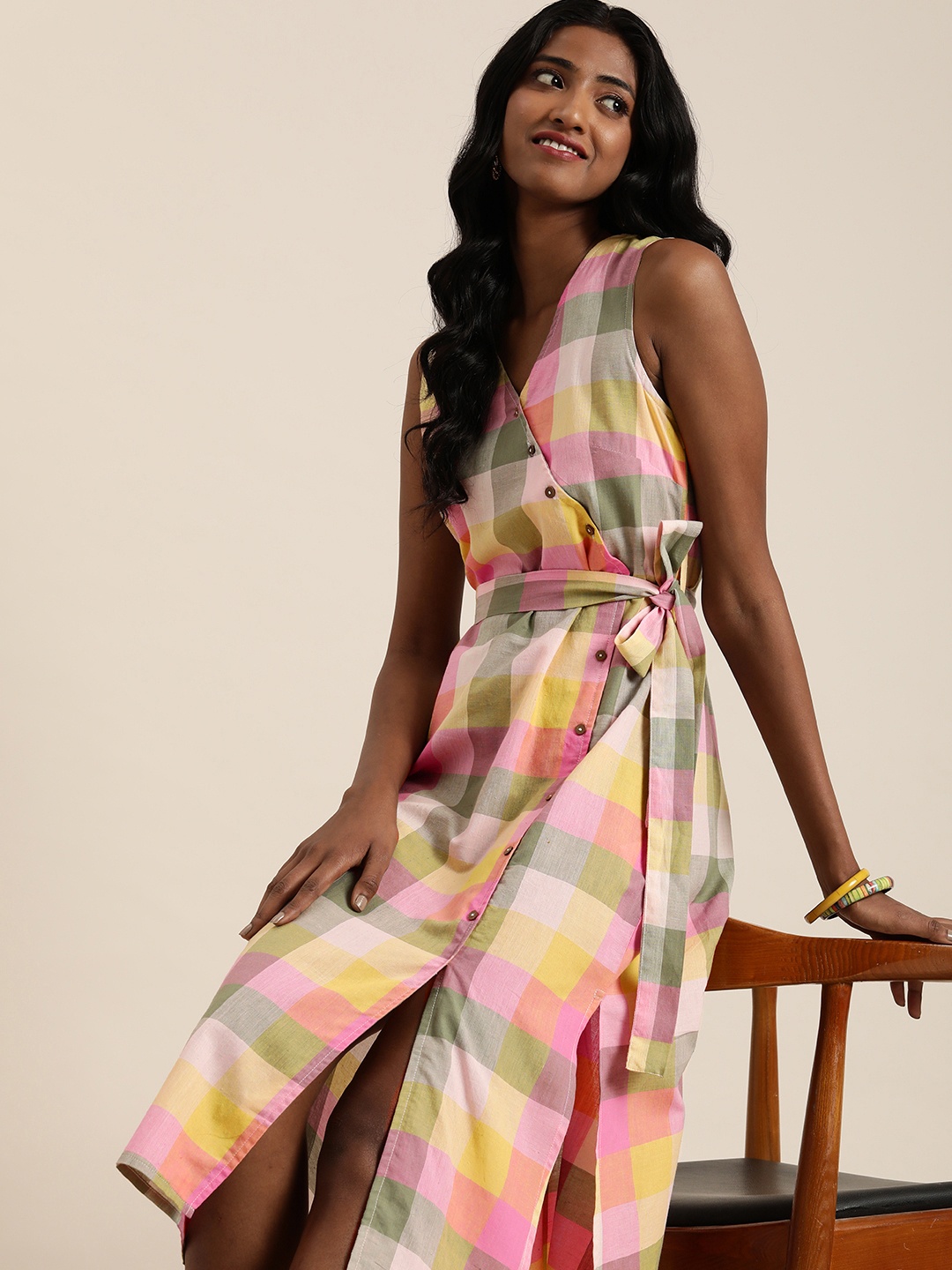 

Taavi Woven Legacy Checked Pure Cotton Belted Wrap Style Dress, Pink