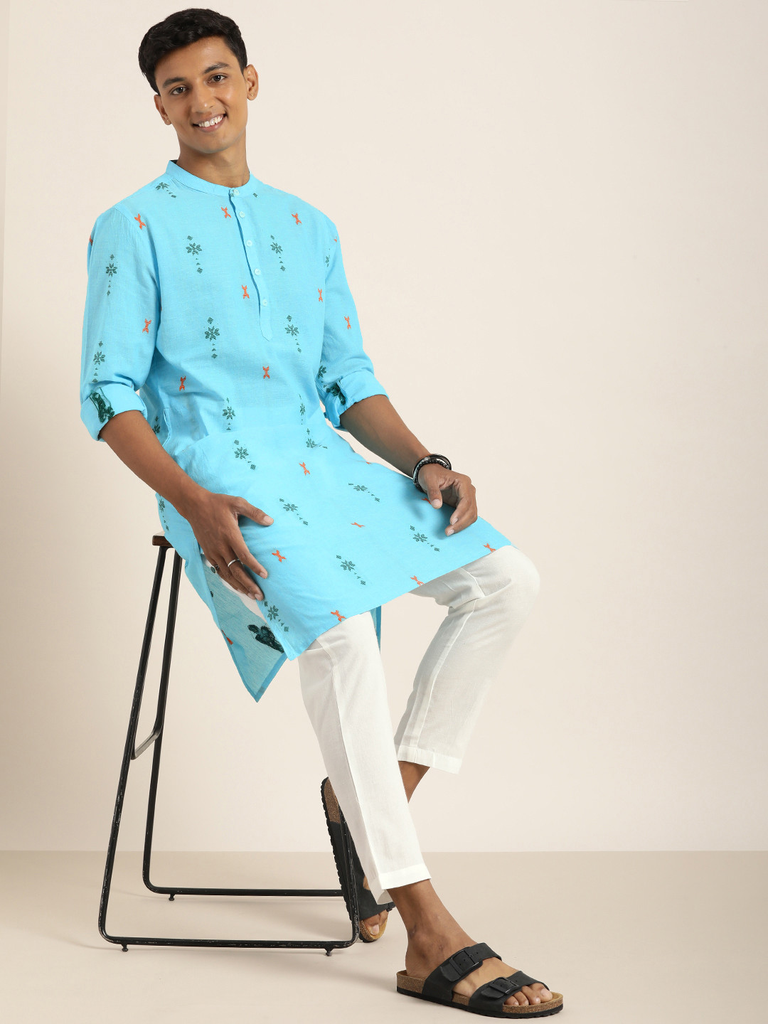 

Taavi Men Woven Legacy Embroidered Thread Work Pure Cotton Kurta with Trousers, Blue