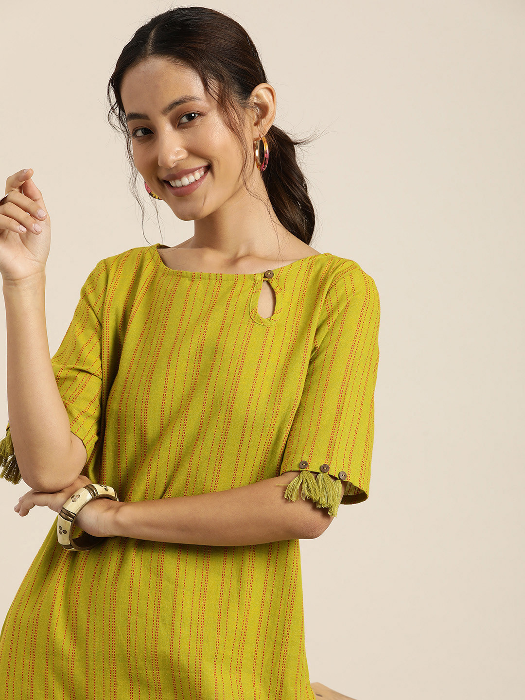 

Taavi Striped Pure Cotton Woven Legacy Kurta With Tassels Detailing, Lime green