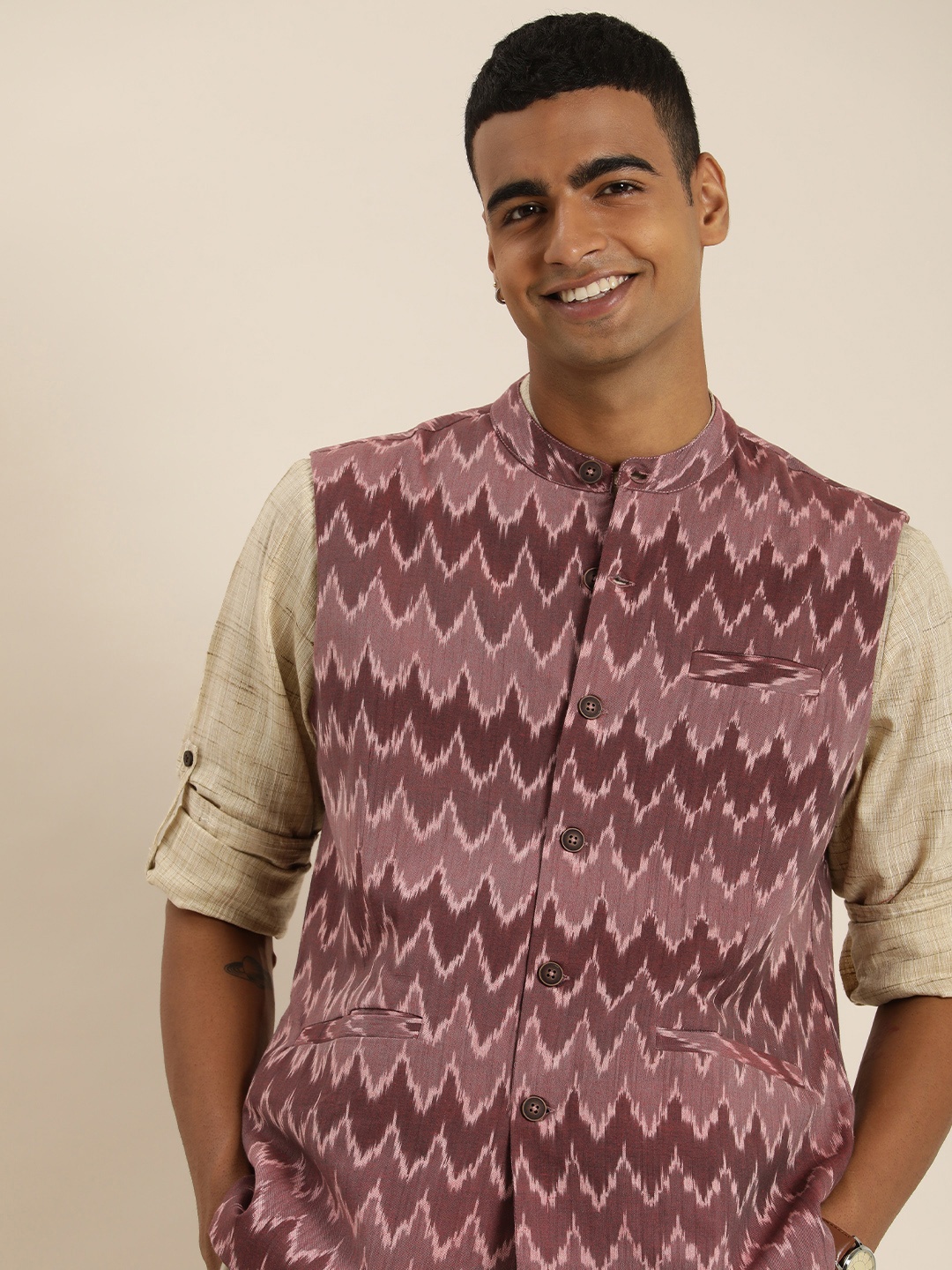 

Taavi Ikat Band Collar Nehru Jacket, Burgundy