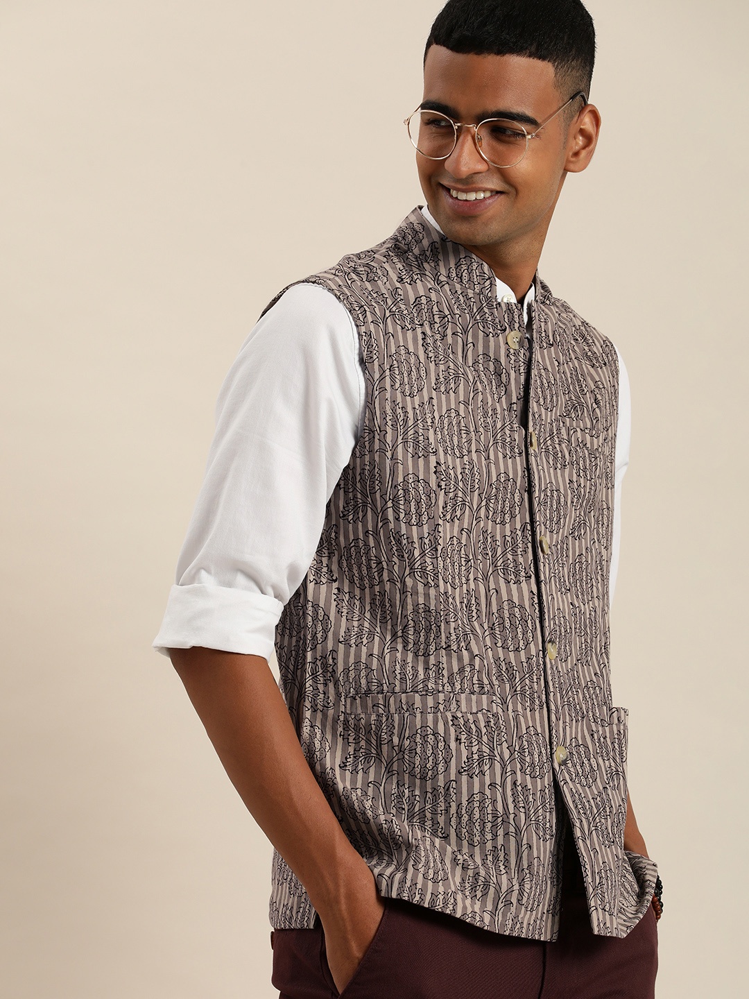 

Taavi Indigo Pure Cotton Ethnic Printed Nehru Jacket, Brown