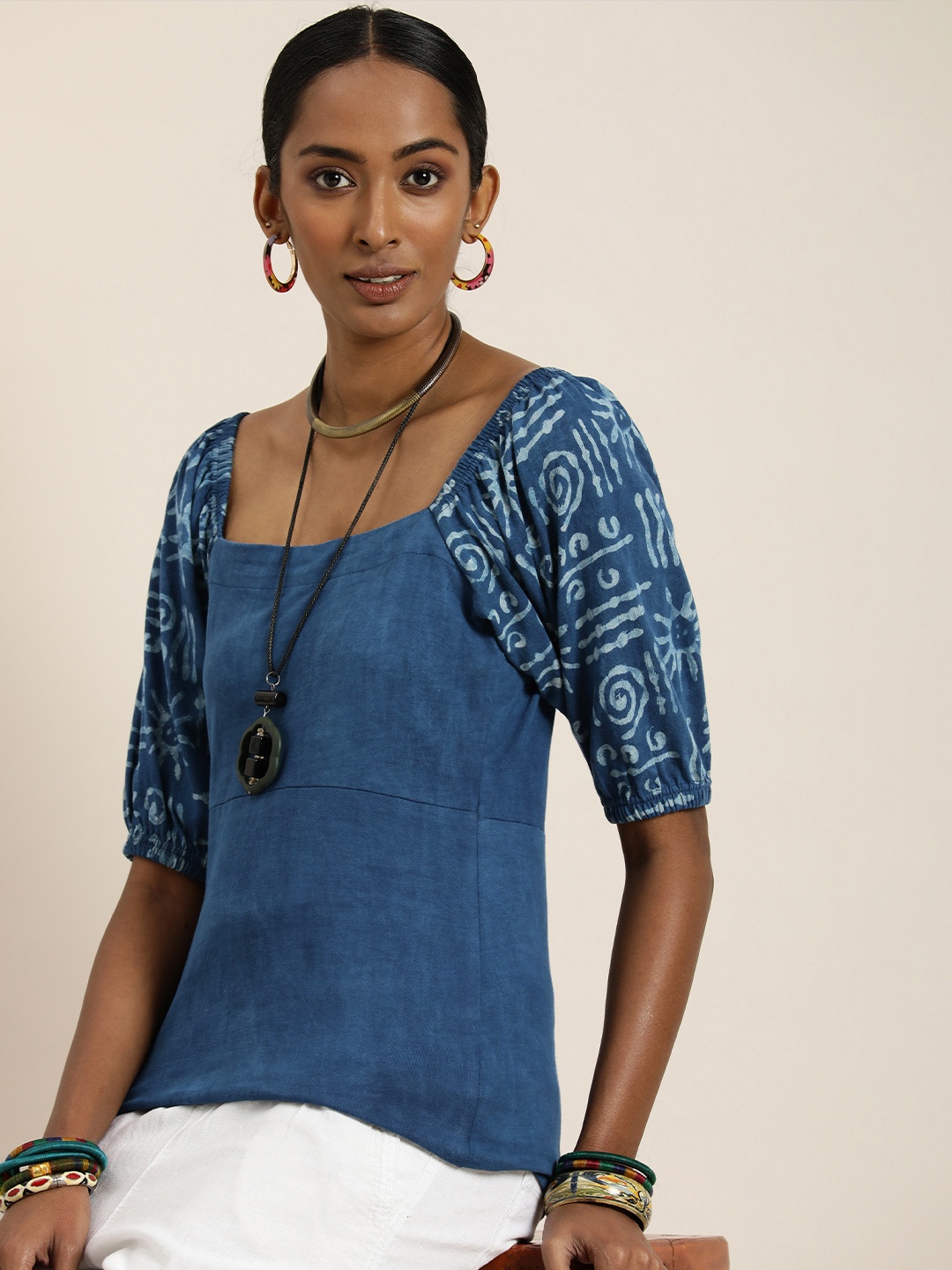 

Taavi Puff Sleeve Pure Cotton Indigo Top, Blue