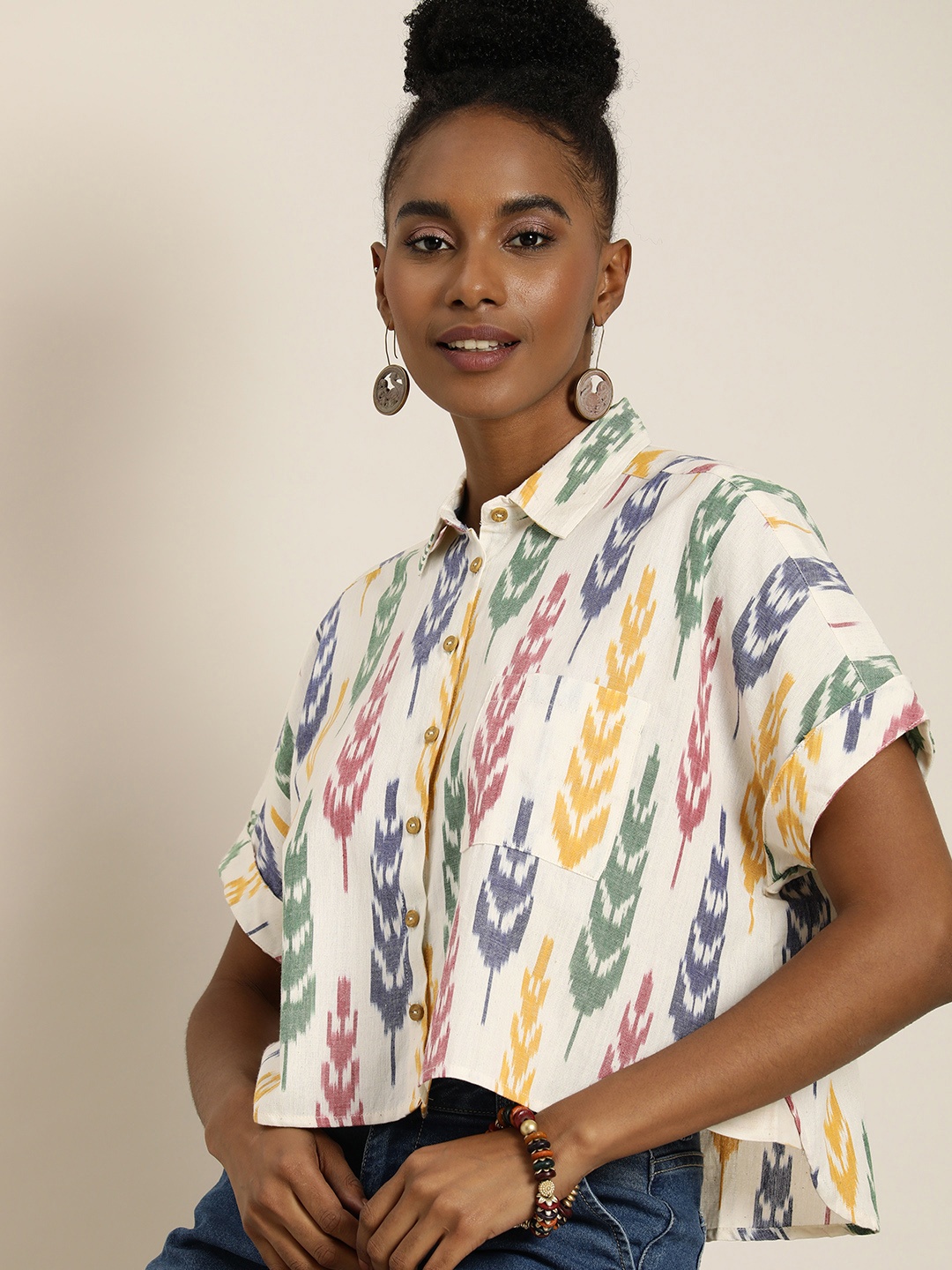 

Taavi Ikat Woven Design Extended Sleeves Casual Shirt, White