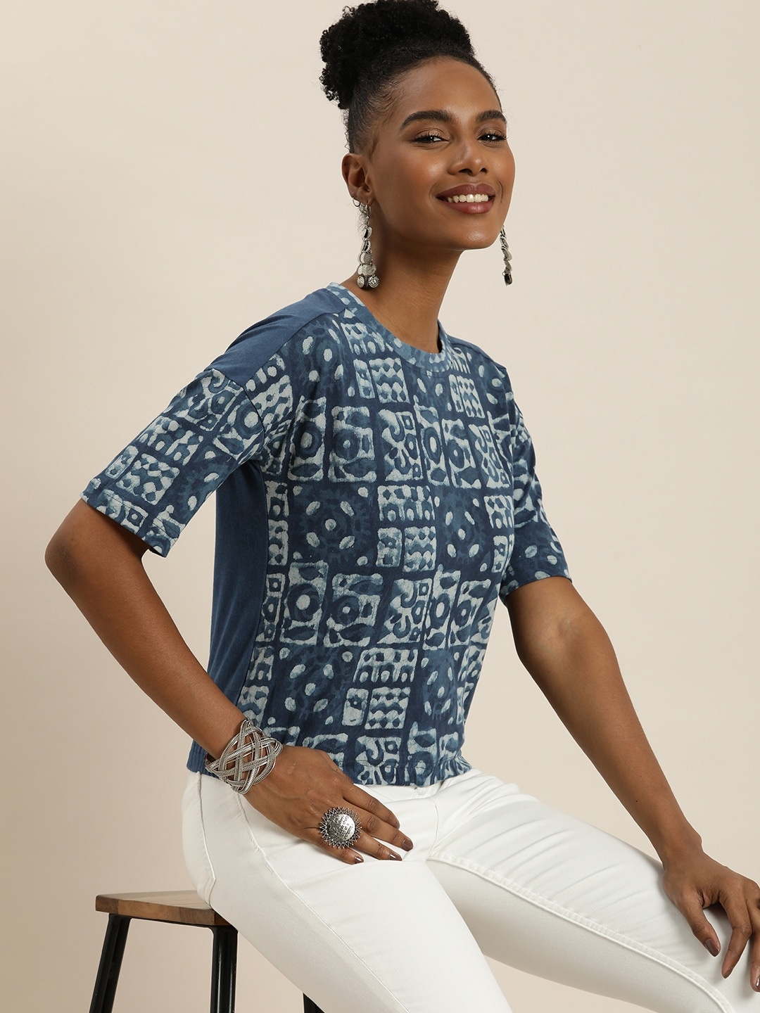 

Taavi Women Indigo Ethnic Print Pure Cotton T-shirt, Blue