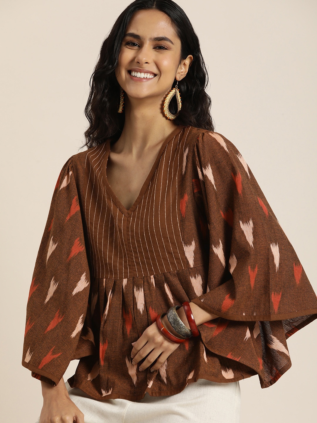 

Taavi Ikat Printed Flared Sleeve A-LineTop, Brown