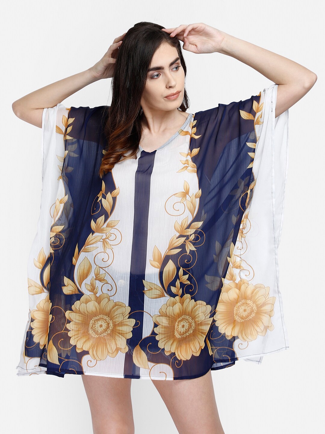 

Aditi Wasan Floral Printed Semi Sheer Kaftan Dress, Navy blue