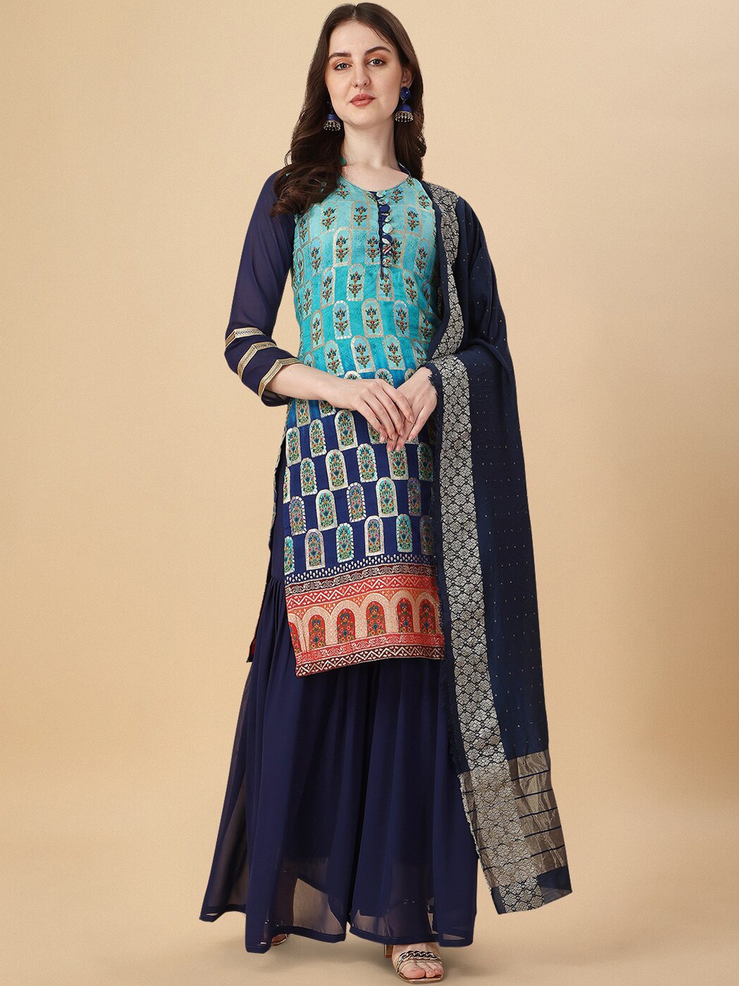 

JATRIQQ Women Ethnic Motifs Printed Zari Kurta with Sharara & With Dupatta, Blue