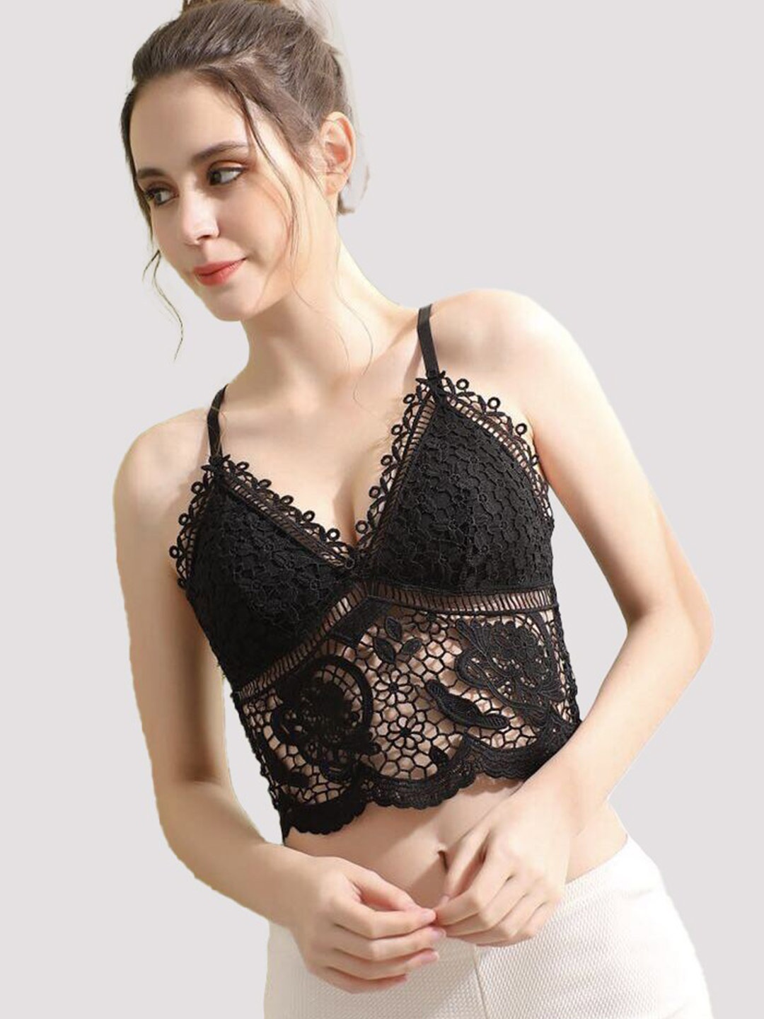 

FIMBUL Self Design Lightly Padded Seamless Bralette Bra, Black