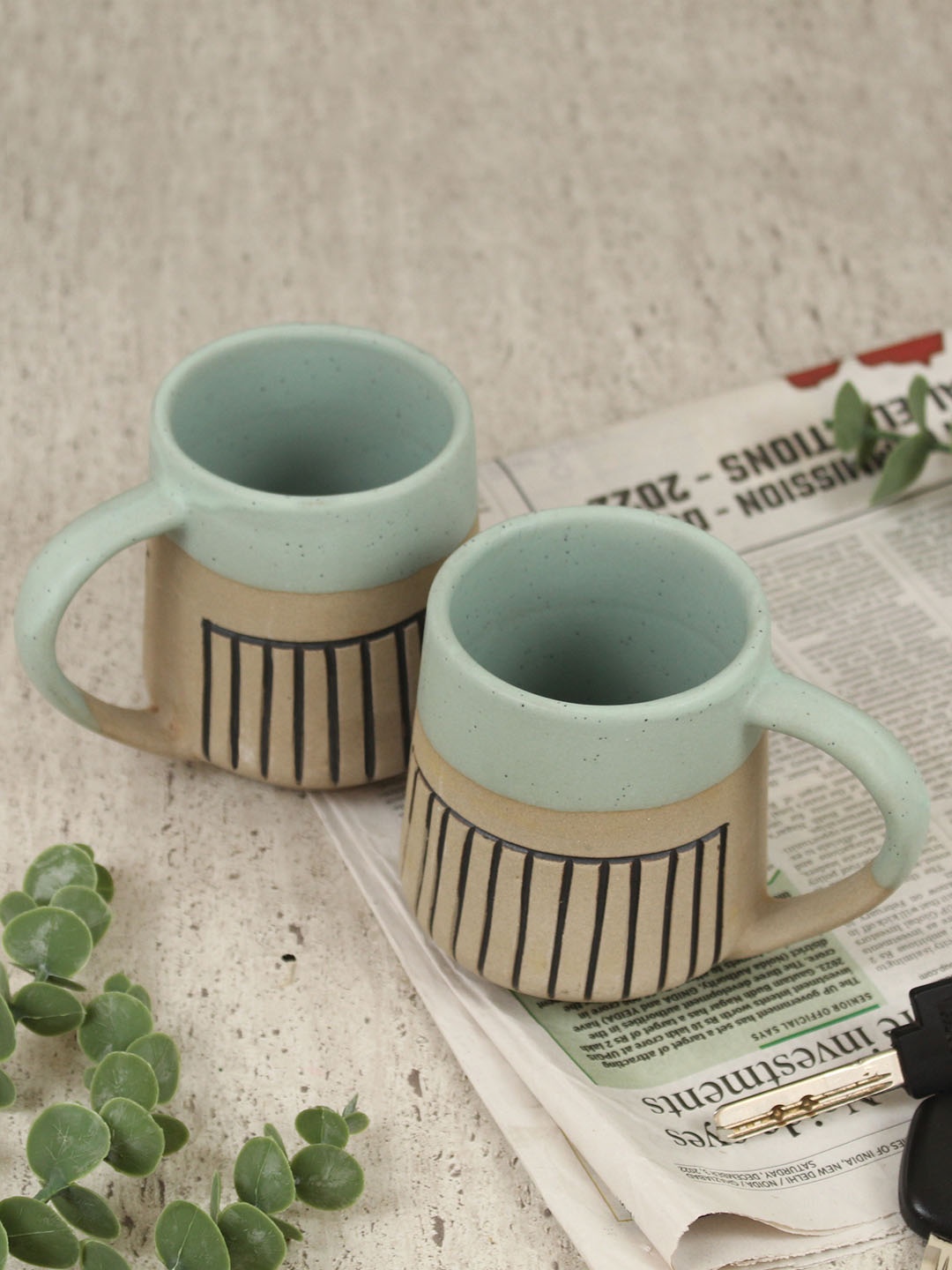 

TIED RIBBONS Green & Beige 2 Pcs Textured Ceramic Matte Mugs 330 ml Each