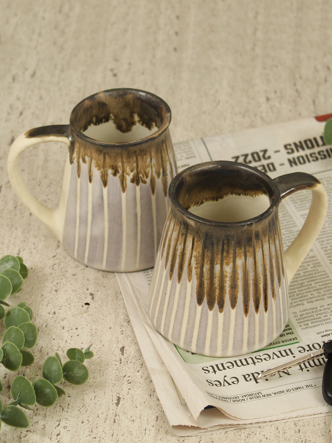 

TIED RIBBONS Coffee Brown & White 2 Pcs Textured Ceramic Matte Mugs 330 ml Each