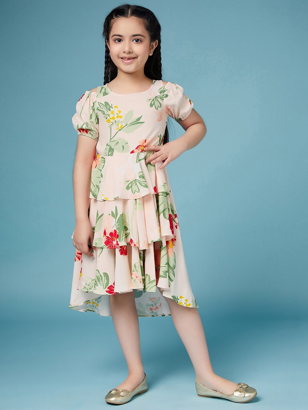 

pspeaches Girls High Low Layered Floral Printed Dress, Peach