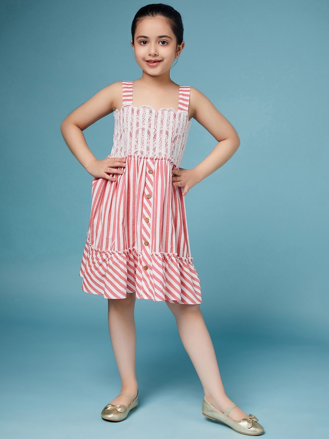

pspeaches Girls Striped Lace-Up detail Flounce A-Line Dress, Red